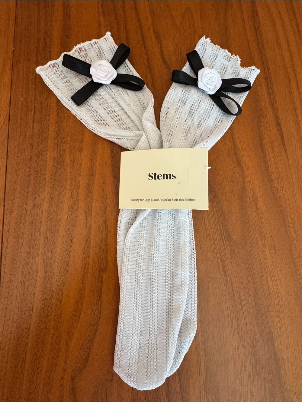 Stems White Sheer Ribbed  Socks with Black Ribbon & Rose, NWT